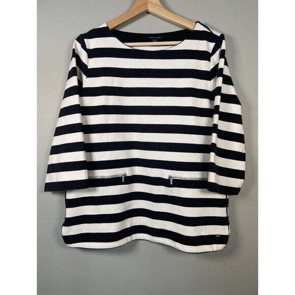 Tommy Hilfiger Shirt Women’s Large Black White Stripe Nautical Zip Leather Trim - Picture 1 of 9